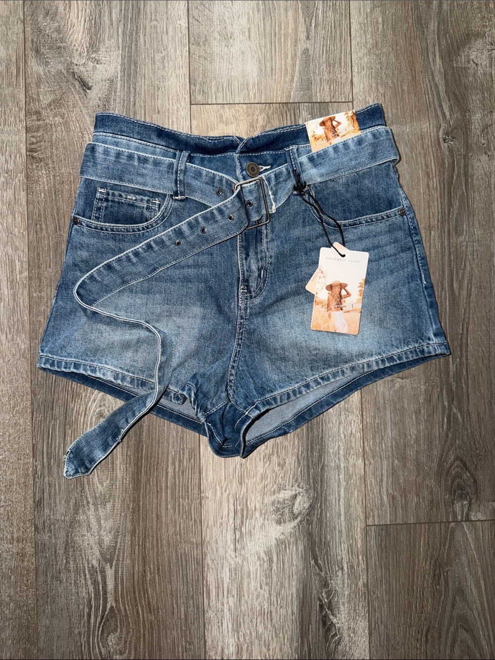 Sincerely Jules Medium Blue High-Rise Denim Shorts with Self-Tie Belt